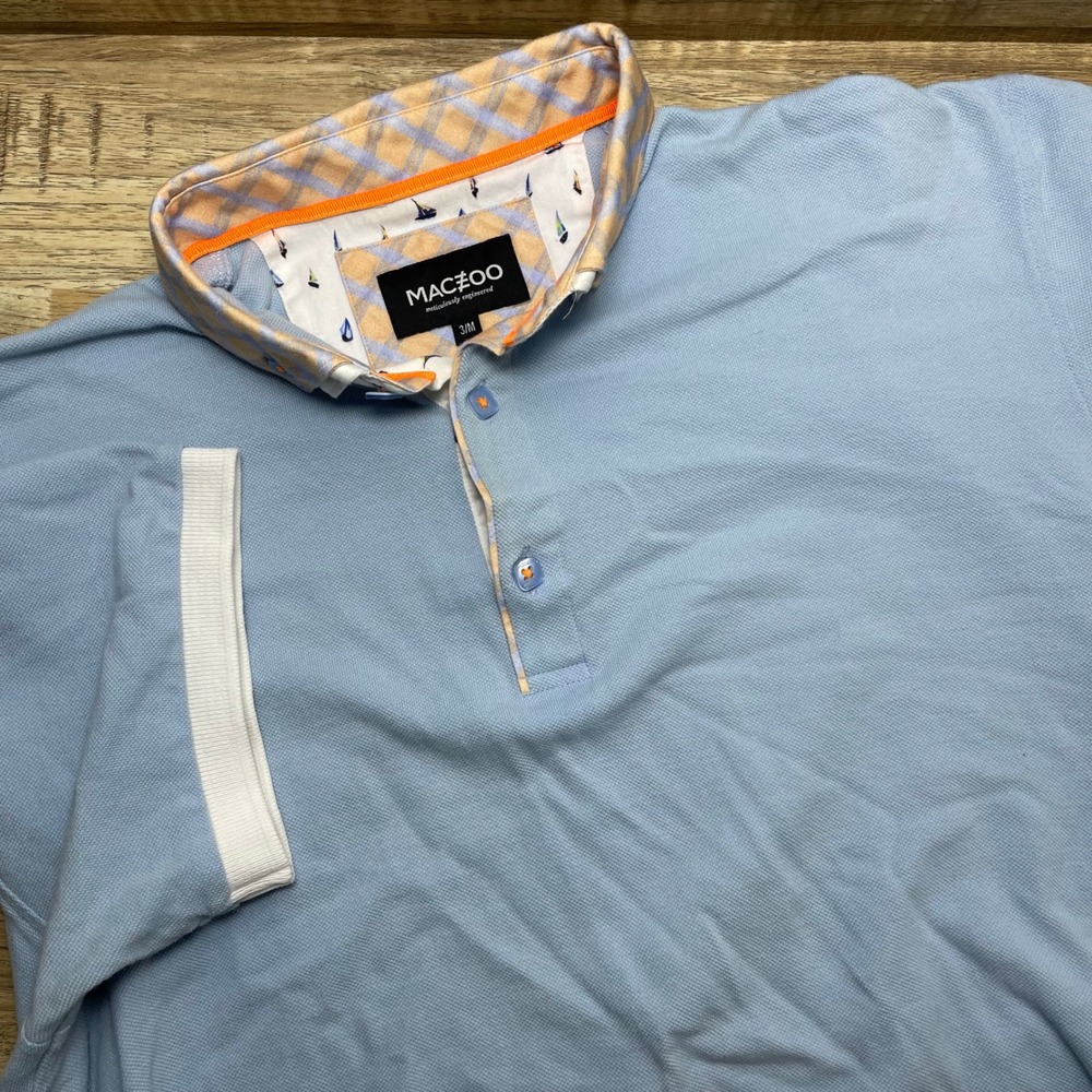 Maceoo Mens Light Blue Pique Polo Shirt Nautical Sailboat Plaid Trim Size M